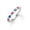 Liberty Rosecliff stackable ring in 14k white gold featuring eleven 2mm round cut prong set rubies, diamonds and sapphires
