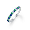 Rosecliff stackable ring featuring eleven alternating 2 mm round cut sapphires and emeralds prong set in 14k white gold