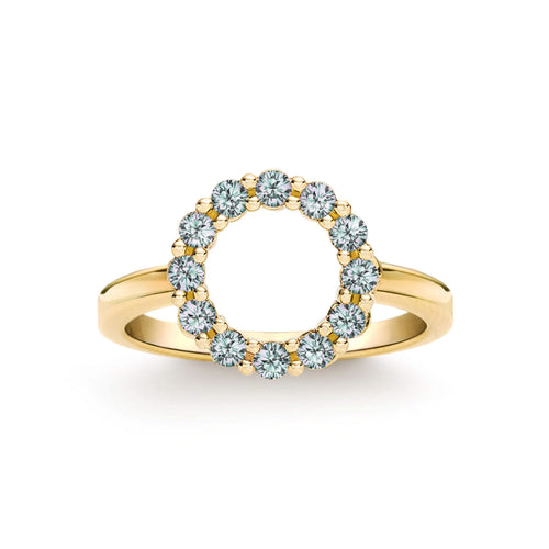 Rosecliff small open circle ring featuring twelve 2 mm round cut alexandrites prong set in 14k yellow gold - front view