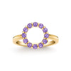 Rosecliff small open circle ring featuring twelve 2 mm faceted round cut amethysts prong set in 14k yellow gold - front view