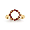 Rosecliff small open circle ring featuring twelve 2 mm faceted round cut garnets prong set in 14k yellow gold - front view