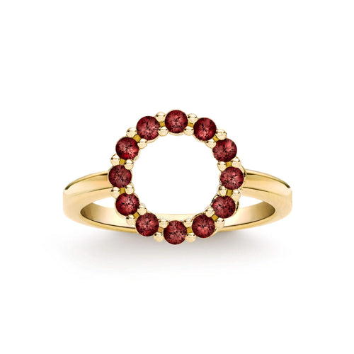 Rosecliff small open circle ring featuring twelve 2 mm faceted round cut garnets prong set in 14k yellow gold - front view