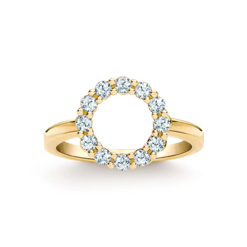 Rosecliff small open circle ring featuring twelve 2 mm faceted round cut aquamarines prong set in 14k gold - front view