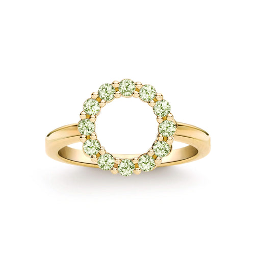 Rosecliff small open circle ring featuring twelve 2 mm faceted round cut peridots prong set in 14k yellow gold - front view