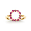 Rosecliff small open circle ring featuring twelve 2 mm faceted round cut rubies prong set in 14k yellow gold - front view