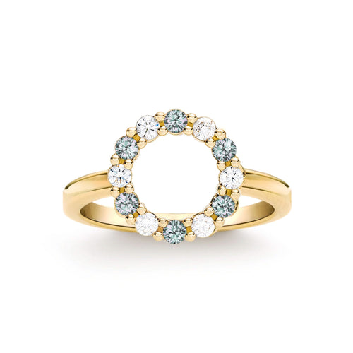 Rosecliff small open circle ring featuring twelve alternating 2 mm alexandrites & diamonds prong set in 14k gold - front view