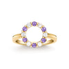 Rosecliff small open circle ring featuring twelve alternating 2 mm amethysts and diamonds prong set in 14k gold - front view