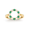 Rosecliff small open circle ring featuring twelve alternating 2 mm emeralds and diamonds prong set in 14k gold - front view