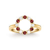 Rosecliff small open circle ring featuring twelve alternating 2 mm garnets and diamonds prong set in 14k gold - front view