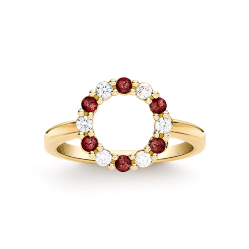 Rosecliff small open circle ring featuring twelve alternating 2 mm garnets and diamonds prong set in 14k gold - front view