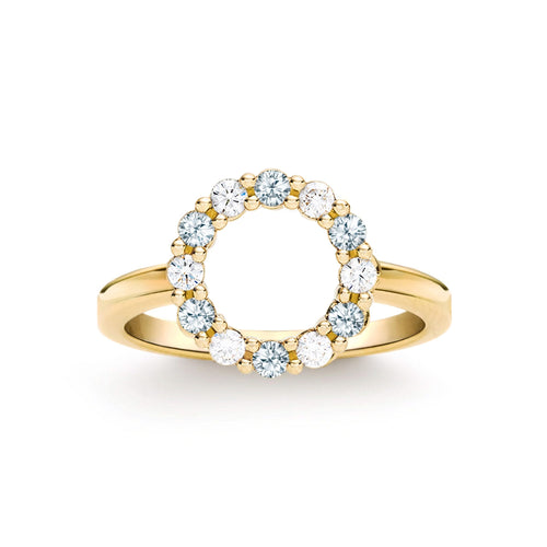 Rosecliff small open circle ring featuring twelve alternating 2 mm aquamarines & diamonds prong set in 14k gold - front view