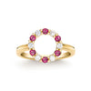 Rosecliff small open circle ring featuring twelve alternating 2 mm rubies and diamonds prong set in 14k gold - front view