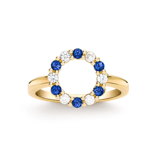 Rosecliff small open circle ring featuring twelve alternating 2 mm sapphires and diamonds prong set in 14k gold - front view