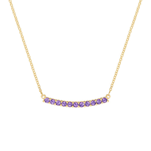 Rosecliff bar necklace with eleven 2 mm faceted round cut amethysts prong set in solid 14k yellow gold - front view