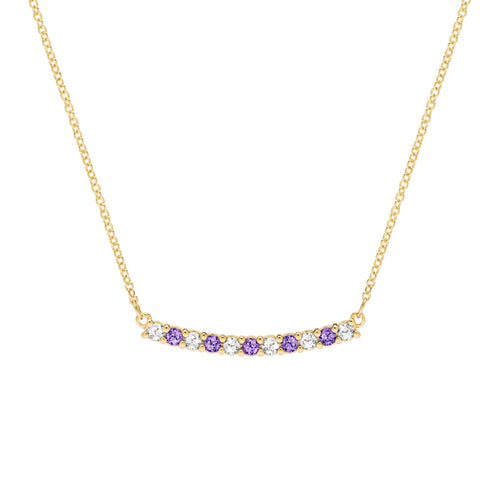 Rosecliff bar necklace with eleven alternating 2 mm round cut amethysts and diamonds prong set in 14k gold - front view