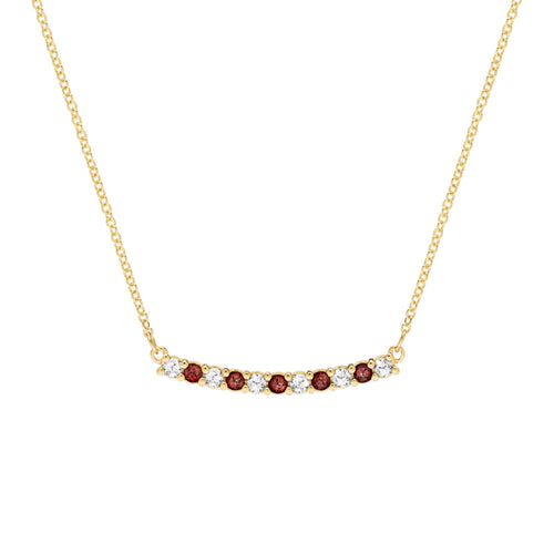 Rosecliff bar necklace with eleven alternating 2 mm round cut garnets and diamonds prong set in 14k gold - front view