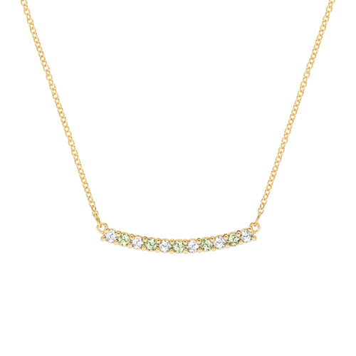 Rosecliff bar necklace with eleven alternating 2 mm round cut peridots and diamonds prong set in 14k gold - front view