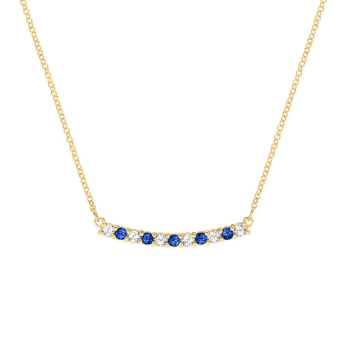 Rosecliff bar necklace with eleven alternating 2 mm round cut sapphires and diamonds prong set in 14k gold - front view