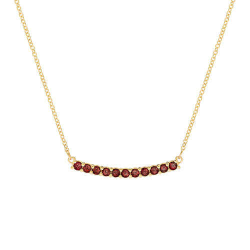 Rosecliff bar necklace with eleven 2 mm faceted round cut garnets prong set in solid 14k yellow gold - front view