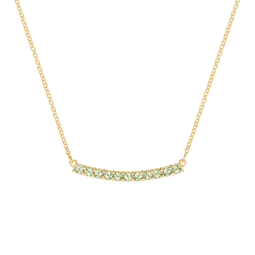 Rosecliff bar necklace with eleven 2 mm faceted round cut peridots prong set in solid 14k yellow gold - front view