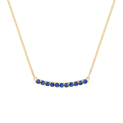Rosecliff bar necklace with eleven 2 mm faceted round cut sapphires prong set in solid 14k yellow gold - front view