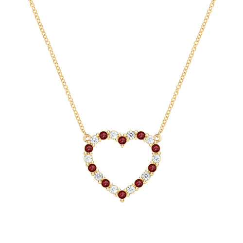 Rosecliff Heart Necklace featuring twenty alternating garnets and diamonds prong set in 14k yellow Gold - front view