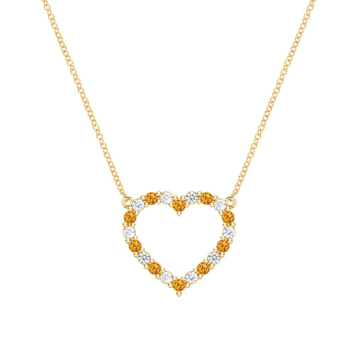 Rosecliff Heart Necklace featuring twenty alternating citrines and diamonds prong set in 14k yellow Gold - front view