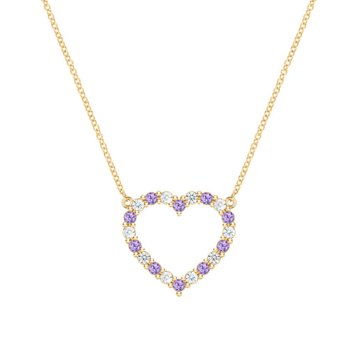 Rosecliff Heart Necklace featuring twenty alternating amethysts and diamonds prong set in 14k yellow Gold - front view