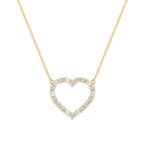 Rosecliff Heart Necklace featuring twenty alternating aquamarines and diamonds prong set in 14k yellow Gold - front view