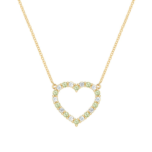 Rosecliff Heart Necklace featuring twenty alternating peridots and diamonds prong set in 14k yellow Gold - front view