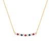 Rosecliff bar necklace with eleven alternating 2 mm diamonds, rubies & sapphires prong set in 14k yellow gold - front view