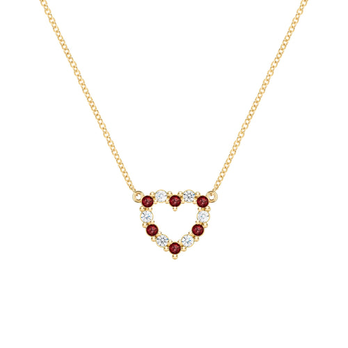 Rosecliff Heart Necklace featuring twelve alternating garnets and diamonds prong set in 14k yellow Gold - front view