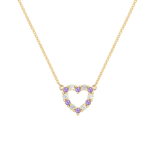 Rosecliff Heart Necklace featuring twelve alternating amethysts and diamonds prong set in 14k yellow Gold - front view