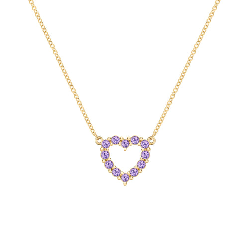 Rosecliff Heart Necklace featuring twelve faceted round cut amethysts prong set in 14k yellow Gold - front view