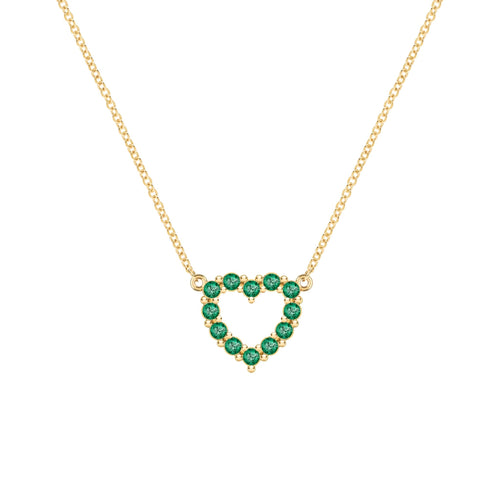 Rosecliff Heart Necklace featuring twelve faceted round cut emeralds prong set in 14k yellow Gold - front view