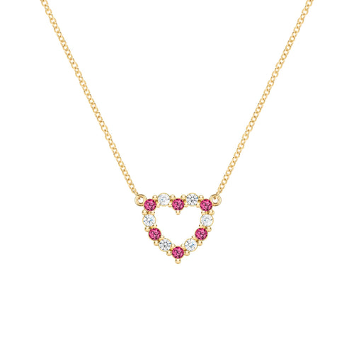 Rosecliff Heart Necklace featuring twelve alternating rubies and diamonds prong set in 14k yellow Gold - front view