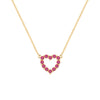 Rosecliff Heart Necklace featuring twelve faceted round cut rubies prong set in 14k yellow Gold - front view