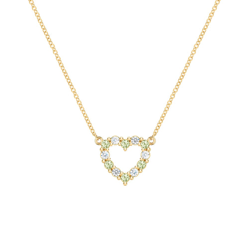 Rosecliff Heart Necklace featuring twelve alternating peridots and diamonds prong set in 14k yellow Gold - front view
