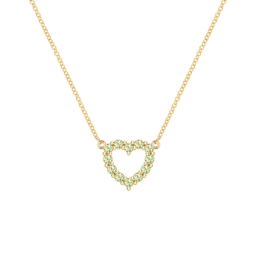 Rosecliff Heart Necklace featuring twelve faceted round cut peridots prong set in 14k yellow Gold - front view