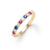 Liberty Rosecliff stackable ring in 14k gold featuring eleven 2mm round cut rubies, diamonds and sapphires - front view