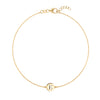 14k yellow gold cable chain bracelet featuring one 1/4” flat disc engraved with the letter E - front view