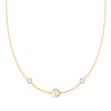 14k gold Classic necklace featuring two birthstones and one 1/4” flat disc engraved with the female symbol - front view