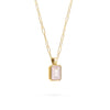 Adelaide paper clip chain and a Warren pendant with an emerald cut bezel set rose quartz gemstone in 14k gold - angled view