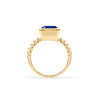Warren ring in 14k yellow gold with accent diamonds featuring one 10 x 8 mm emerald cut bezel set sapphire - standing view