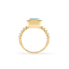 Warren ring in 14k yellow gold with accent diamonds featuring one 10 x 8 mm emerald cut Nantucket blue topaz - standing view