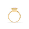 Warren ring in 14k yellow gold with accent diamonds featuring one 10 x 8 mm emerald cut bezel set amethyst - standing view