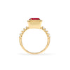 Warren ring in 14k yellow gold with accent diamonds featuring one 10 x 8 mm emerald cut bezel set ruby - standing view