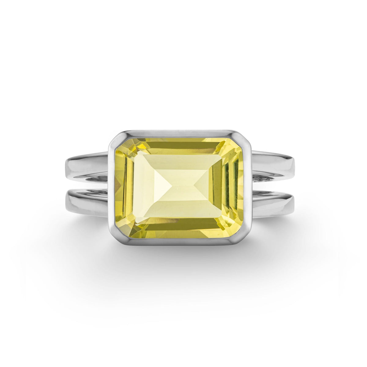 Warren Horizontal Lemon Verbena Quartz Ring, featuring an emerald-cut 8 x 10mm Lemon Verbena Quartz in 14k gold, hand-set horizontally in a 14k white gold bezel - front view.