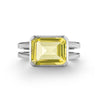Warren Horizontal Lemon Verbena Quartz Ring, featuring an emerald-cut 8 x 10mm Lemon Verbena Quartz in 14k gold, hand-set horizontally in a 14k white gold bezel - front view.