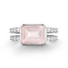 Warren Horizontal Rose Quartz Ring with Diamonds, featuring an 8 x 10mm Rose Quartz and 16 prong-set diamonds in 14k white gold - front view.